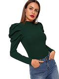 Romwe Women's Elegant Mock Neck Keyhole Back Leg-of-Mutton Long Sleeve Blouse Green Small