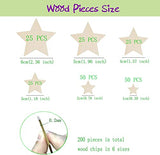 200 Pieces Unfinished Wood Stars Pieces, 6 Size Blank Wood Pentagram Sheet Wood Blocks with Double-Sided Tape and Hemp Rope for Christmas Ornament Wedding DIY Crafting Hanging Wall Decoration