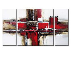 Noah Art-3 Panel Abstract Wall Art, Red and Black 100% Hand Painted Modern Abstract Oil Paintings on Canvas, Large Abstract Art for Living Room Wall Decor, 24 Inches Height x 48 Inches Width