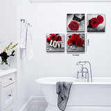 Red Wall Decor Ruby Rose Bedroom Canvas Walls Art 4 Pcs Black and White Flower Prints Picture for Bathroom Living Room Home Decoration Accessories Floral Couples Poster Painting Modern Artwork 12x12"