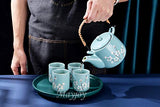 Mayjo Japanese Tea Service Set Teal with White Plum-Flower Ceramic Tetsubin Teapot & 4 Teacups Tea Set With Stainless Steel Infuser & Rattan Handle Included in Gift Box