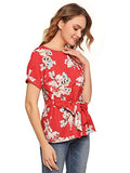 Romwe Women's Floral Print Short Sleeve Self tie Waist Knot Blouse Top Red M