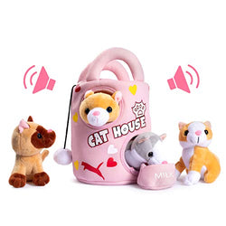 Plush Creations Plush Cat Toys For Kids Includes A Plush Cat House Carrier With 4 Soft Stuffed Talking & Meowing Plush Kittens And A Cat Plush Milk Bowl Best Interactive Cat Toy For Babies Or Toddlers