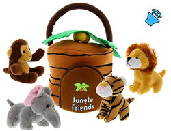 Talking Interactive Plush Jungle Animals Toy Set with Jungle House Carrier for Kids- 5pc- Stuffed Monkey, Lion, Tiger & Elephant- Great for Boys & Girls, Learning Baby toys by Etna