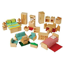 Constructive Playthings Children's Hardwood 26 Piece Play Furniture Set to Furnish 4 Dollhouse Rooms