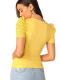 Romwe Women's Elegant Short Puff Sleeve Rib Knit Summer V-Neck Basic T-Shirt Tops Brilliant Yellow X-Small