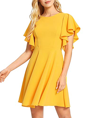 Romwe Women's Stretchy A Line Swing Flared Skater Cocktail Party Dress Yellow M