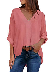 Dokotoo Womens Fashion 2021 Summer Casual V-Neck Cuffed 3/4 Sleeve Solid Tunic Blouses and Tops for Work Loose Fit T Shirts Pink US 16 18