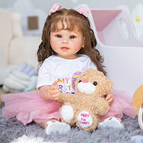 ROSHUAN Reborn Baby Dolls Silicone Full Body Girl 22 inch Life Like Realistic Toddler Reborn Dolls with Long Hair and Teech Pink Dress for Kids Birthday Set