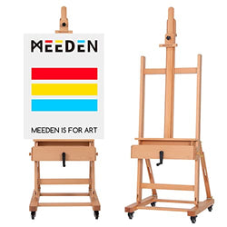MEEDEN Deluxe Crank H-Frame Studio Easel, Max Height 98'' Holds Up to 83"/90lb, Multi-Function Artist Easel, Heavy Duty Art Easel, Movable, and Tilting H-Frame Easel, Thicken Solid Beech Wood Easel