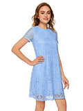 Romwe Women's Short Sleeve Summer Lace Wide Hem Dress Sky Blue_no Stretchy Medium