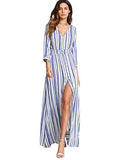 Milumia Women's Stripe V Neck Half Sleeve Split Button Up Party Maxi Dress Blue X-Small