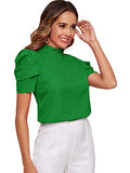 Romwe Women's Casual Puff Short Sleeve Frill Trim Mock Neck Solid Blouse Tops Green M