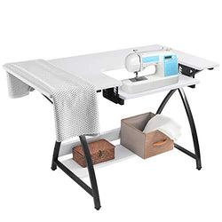 BAHOM Adjustable Sewing Craft Table Multipurpose, Sewing Machine Platform Computer Desk with Shelves, Craft Cutting Table, White