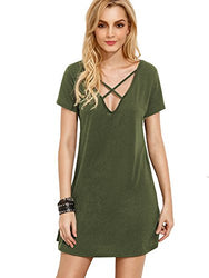 Romwe Women's Summer Short Sleeve Loose V Neck Tunic Casual T-Shirt Dress Green#1 S