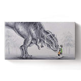 Libaoge Hand Painted Two Lovely Baby Boy Touching Trex Dinosaur in The Forest Oil Painting on Canvas with Wood Frame, Modern Home Wall Decoration Artwork Ready to Hang(16x31.5 inch)