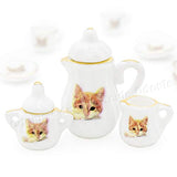 Odoria 1:12 Miniature 15PCS Porcelain Tea Cup Set Cat Pattern Dollhouse Kitchen Accessories