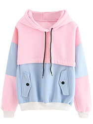 SweatyRocks Women’s Winter Color Block Long Sleeve Fleece Hoodie Sweatshirt with Pockets Pink Blue XL