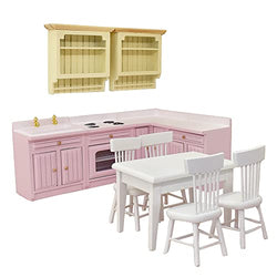 iLAND Dollhouse Furniture Set for Miniature Dollhouse Kitchen and Dining Room incl Table, Chairs and Cabinets (Pretty Pink 11pcs)