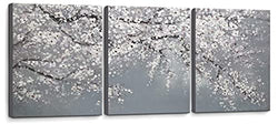 Bathroom Decor Wall Art White Flowers Grey Background Picture Hand-Painted Oil Painting 3 Piece Framed Wall Decor for Bedroom Living Room Modern Plant Room Decorations Artwork Size 12x16x3 Panel