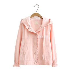 Teen Girls Jacket Kawaii Bunny Ears Hooded Button Down Spring Autumn Short Thin Top Coat (Pink, One Size)