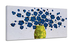 SYGALLERIER Blue Flower Canvas Wall Art in Vase with 3D Hand Painted Textured Modern Aesthetic Botanical Pictures Contemporary Oil Paintings for Living Room Bedroom Dinning Decor