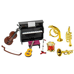 Hiawbon Miniature Musical Instrument Set Violin Guitar Piano Drum Trumpet Mini Figurine Ornament for Mini House Musical Room Furnishings