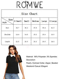 Romwe Women's Cute Contrast Collar Short Sleeve Casual Work Blouse Tops Beaded Black Medium