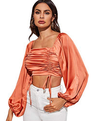 Romwe Women's Sexy Shirred Square Neck Lantern Long Sleeve Crop Blouse Top Orange X-Small