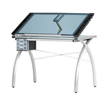 Studio Designs Futura Modern Metal and Glass Hobby, Craft, Drawing, Drafting Table, Desk with 38''W x 24''D Angle Adjustable Top in Silver / Blue Glass