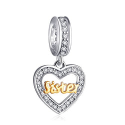 ENJOOOY Sterling Silver Sister Charm Sister Gift Heart Love Pendant with 24k Gold Plating for