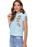 Romwe Women's Sleeveless Ruffle Stand Collar Embroidery Button Slim Blouse Top Blue L