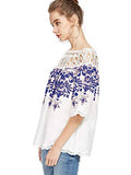 Romwe Women's Cold Shoulder Floral Embroidered Lace Scalloped Hem Blouse Top White Blue L