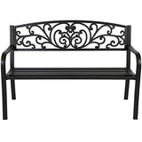 Best Choice Products 50in Steel Outdoor Park Bench Porch Chair Yard Furniture w/Floral Scroll Design, Slatted Seat for Backyard, Garden, Patio, Porch - Black