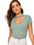 Romwe Women's Scalloped Cut Out V Neck Short Sleeve Sexy Tee Tops Green-1 Medium