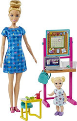 Barbie Teacher Doll (Blonde),Toddler Doll (Brunette), Flip Board, Laptop, Backpack, Toddler Desk, Pet Turtle, Great Gift for Ages 3 Years Old & Up