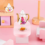 8 Pieces Miniature Porcelain Tea Cup Set Kitchen Miniature Porcelain Set Mini Flower Pattern Teapot Cup Plates Set Dollhouse Kitchen Accessories Set