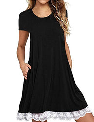 Women Casual Lace Short Sleeve Swing Tee Shirt Dresses with Pockets Black,S