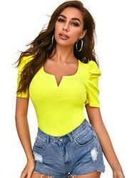 Romwe Women's Puff Sleeve Rib Knit Square Neck Elegant Slim Fit Blouse Tops A-Yellow Medium