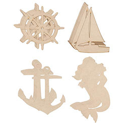 Wood Cutouts - 24-Pack Unfinished Wooden Cutouts, Ship's Wheel, Yacht, Anchor, Mermaid Shapes for