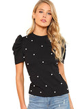 Romwe Women's Elegant Pearl Embellished Puff Short Sleeve Blouse Tops Black Large