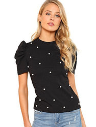 Romwe Women's Elegant Pearl Embellished Puff Short Sleeve Blouse Tops Black Large