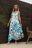 JSQTYSL Women's Summer Casual V Neck Floral Printed Bohemian Spaghetti Strap Tie Dye Long Maxi Dress with Pockets Plus Size XL Blue