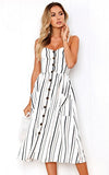 Angashion Women's Dresses-Summer Floral Bohemian Spaghetti Strap Button Down Swing Midi Dress with Pockets White Striped M