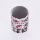 Japanese tea cup, Sushi-yunomi, ceramic, printed sushi and fish names and by English and Kanji, set of 2