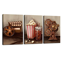 sechars - 3 Piece Canvas Wall Art Classic Old Fashion Film Reels Popcorn Poster Painting Vintage Bar Pub Home Movie Theater Media Room Wall Decor Gallery Canvas Wrapped Artwork (16x24inchesx3pcs)