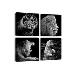 4 Pieces Living Room Wall Art Decor Black and White Animals Theme Prints Picture Canvas Decoration Framed Modern Home Painting Artwork (Animals A, 16x16inchx4pcs)