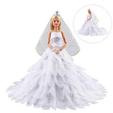Keysse Doll Clothes Voluminous Skirt Large Trailing Wedding Dress with 5 Accessories, Crown+ Veil+ Bow Hair Clips+ Necklace and Bracelet, Princess Evening Party Clothes for 11.5" Doll (White)