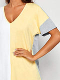 Romwe Women's Short Sleeve V Neck Colorblock Cotton Summer Tee Dress Yellow S