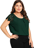 Romwe Women's Plus Size Short Sleeve Lace Hollow Round Neck Elegant Blouse Deep Green 2X Plus